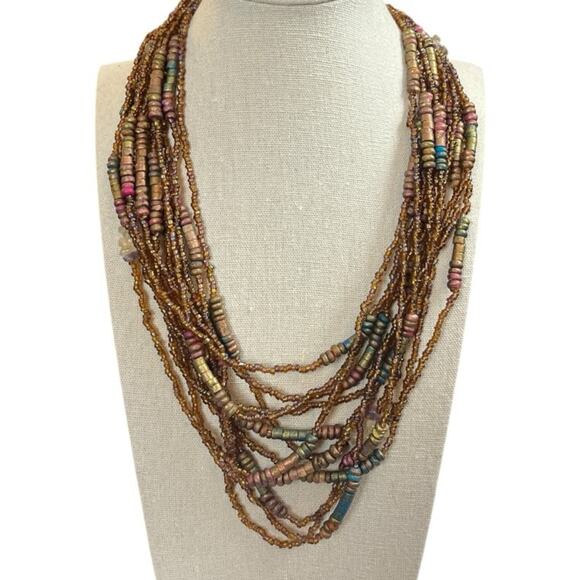 Women’s Necklace Seed Bead Multi Strand Layered Brown Bronze Multi 9/10” Length - Picture 2 of 7